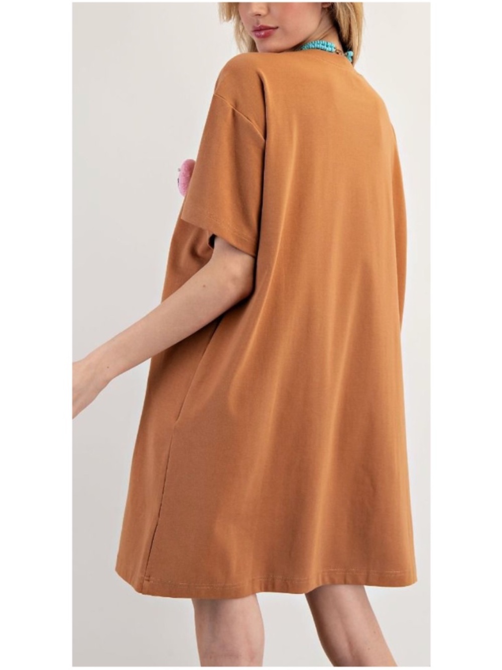 Easel Camel Cotton Loose Fit Rhinestone Hello Short Sleeve Shirt Dress - Picture 5 of 5